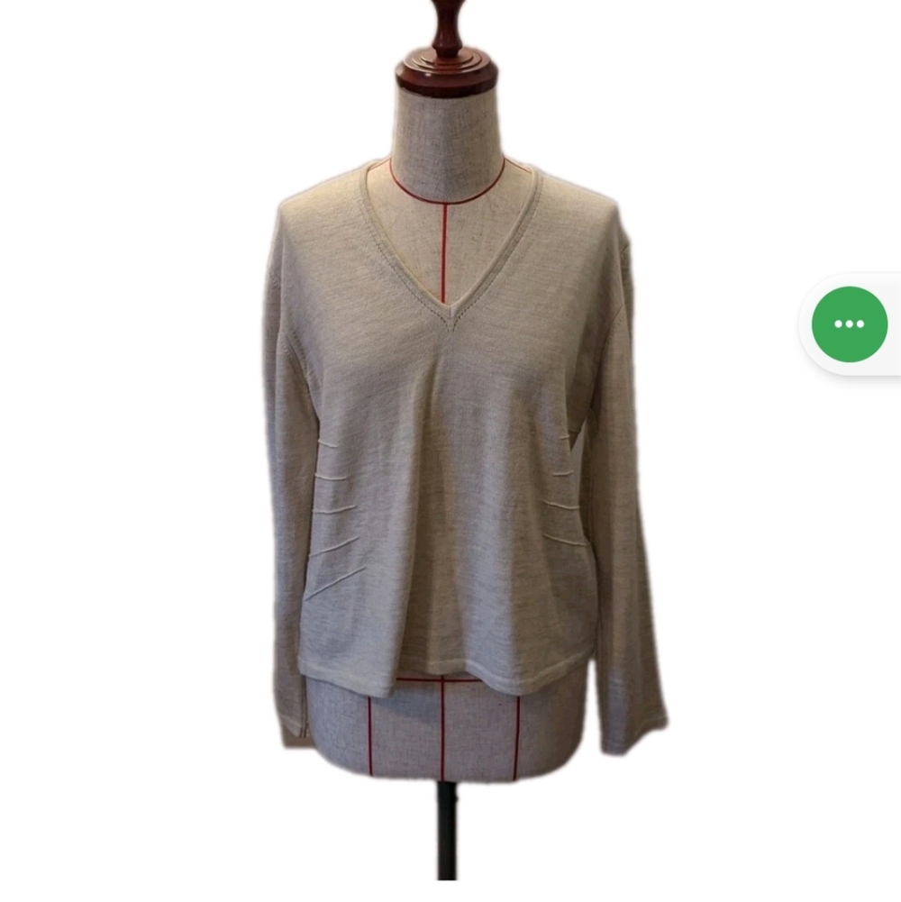 Women’s Clorinda Merino Wool Blend Pullover Sweater XL Seam Detail Beige V-Neck
